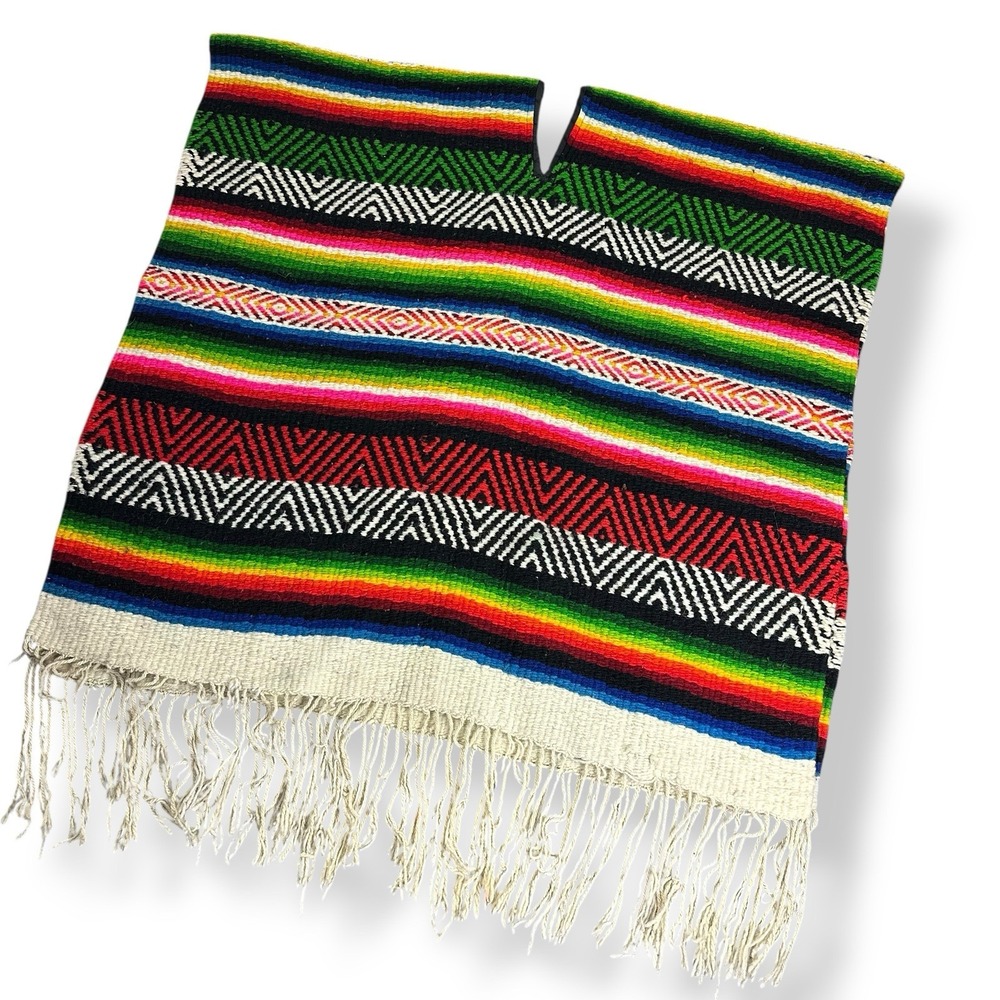Vintage Mexican Serape Poncho Large Heavy  Textile Woven Wool 70x74‎ w/ Fringe - Picture 2 of 13